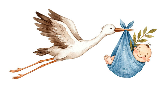 Special delivery: watercolor art of flying stork. New baby arrival with cute blue swaddle. Happy nursery decor is isolated on white.