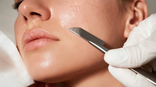 A dermaplaning facial exfoliation procedure.