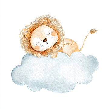 This adorable watercolor illustration of a cute baby lion cub, infant dozing, napping rest slumber, safe and cozy on a soft fluffy pastel blue cloud texture sky background, is a masterpiece.