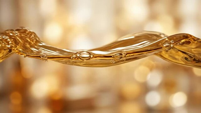 An elegant golden cosmetic oil wave forming a luxurious abstract banner layout, warm reflective highlights and fluid richness, premium anti-aging atmosphere, ultra-realistic, no logos.