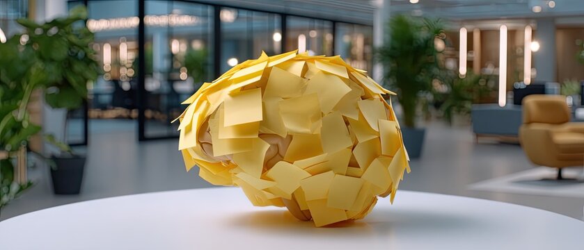 Sticky notes cover human brain on a white table in the office setting with blurred background and copy space for text