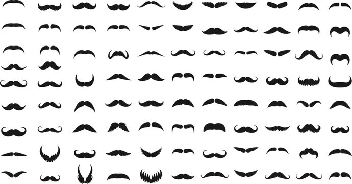 A large collection of different mustache styles on a white background