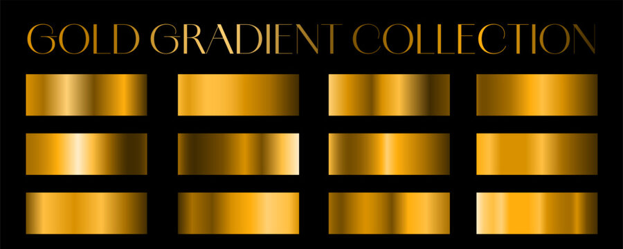 Golden gradients collection. Luxury set of gold elegance gradient swatches. Metallic textures with polished foil shine and satin smooth. Premium design palette