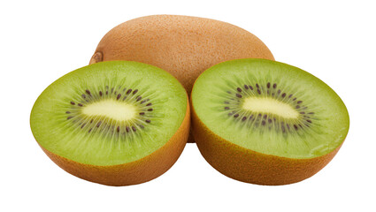 Fototapeta premium Sliced brown kiwi fruit halves with green flesh and black seeds