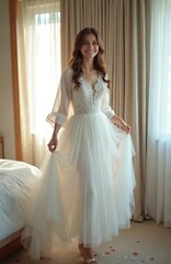 Naklejka premium Young woman in elegant white wedding dress smiles happily. She stands indoors near window, holding fabric. Bridal preparation before ceremony, joyful mood.