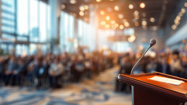 A podium with a microphone stands in front of a blurred audience in a large conference room with bright lights