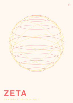 Minimalist wireframe sphere vector illustration, geometric 3d globe with thin orange and pink lines, abstract zeta graphic edition poster design