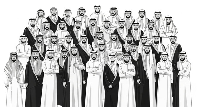 Group of men in traditional attire, standing together, portrait.