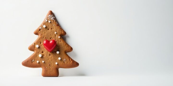 A Festive Gingerbread Tree Cookie Decorated with White Icing and a Red Heart Centerpiece on a White Background