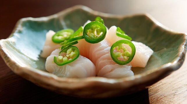 hyperboloid. A ceramic plate with fresh sashimi slices, garnished with green chili rings, minimalist presentation. menu design.