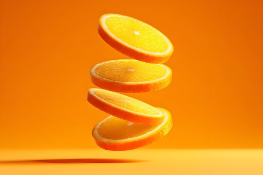 Slices of orange float above a yellow background in a simple setup for a fresh and vibrant look