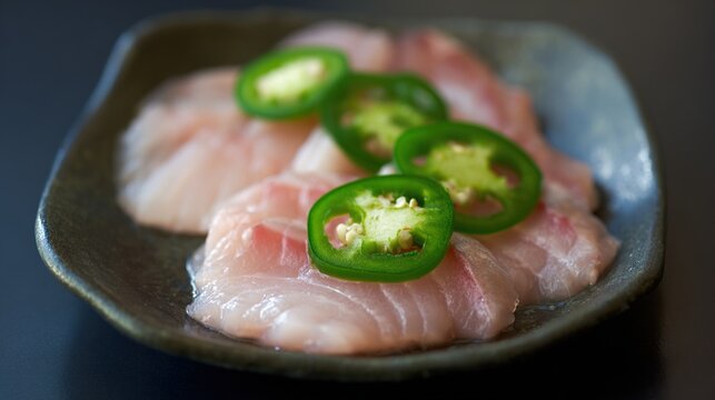 hyperboloid. A ceramic plate with fresh sashimi slices, garnished with green chili rings, minimalist presentation. menu design.