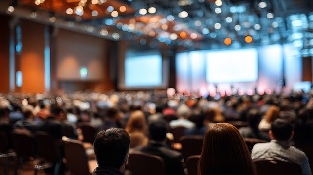 A large audience sits in a conference hall with screens on stage