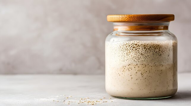 Sourdough starter in a glass jar with wooden lid is rising on a clean kitchen counter