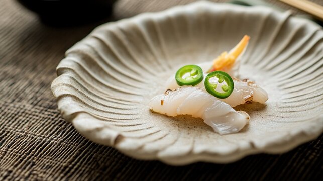 hyperboloid. A ceramic plate with fresh sashimi slices, garnished with green chili rings, minimalist presentation. menu design.