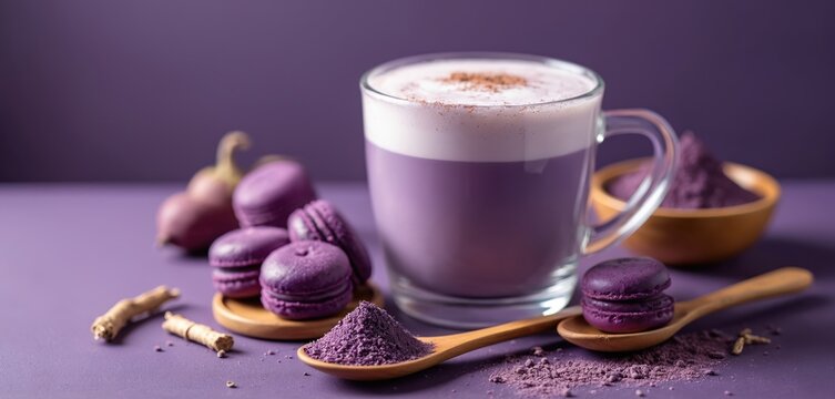 Ube latte drink in clear glass cup with foam. Purple macarons and ube powder arranged with ube root on violet surface. Creamy sweet beverage, dessert snacks and ingredient.