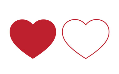 Fototapeta premium Red heart shapes, one filled and one outlined, on white background, outlined heart filled heart love symbol