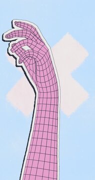 Abstract retro pop art animation of a pink wireframe hand with grainy vintage texture and pastel background loop