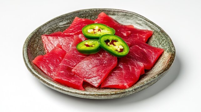 hyperboloid. A ceramic plate with fresh sashimi slices, garnished with green chili rings, minimalist presentation. menu design.