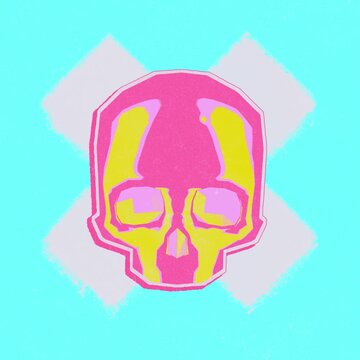 Abstract pop art skull animation with vibrant colors and grainy vintage texture on cross background loop