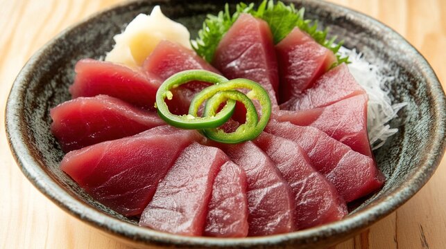 hyperboloid. A ceramic plate with fresh sashimi slices, garnished with green chili rings, minimalist presentation. menu design.
