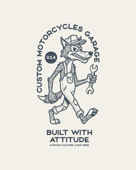 Fototapeta premium Cartoon wolf mechanic in overalls holding a wrench, walking with