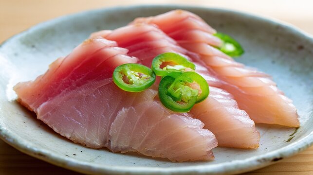 hyperboloid. A ceramic plate with fresh sashimi slices, garnished with green chili rings, minimalist presentation. menu design.