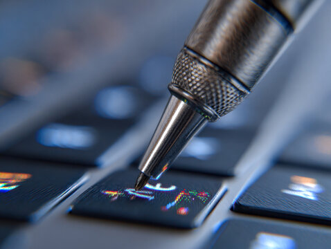 Macro shot of a metallic pen tip touching the keyboard button with close-up focus on intricate texture and digital reflections on black keys