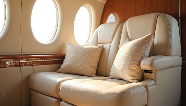 Plush leather seats on private jet interior, sunlit cabin with oval windows. Cushions offer comfort for luxury travel and business journeys. Elegant aviation.
