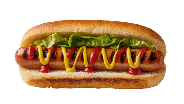 Classic hotdog in bun with ketchup mustard relish, lettuce