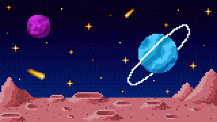 A pixelated space landscape with craters, planets, and a starry sky. 8-bit style. © sabelskaya