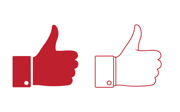 Red thumbs up solid and outlined, on white background, thumbsup like approve approval
