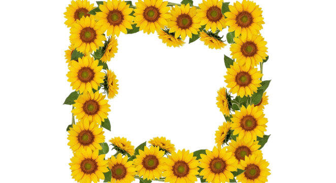 Sunflower border frame, bright yellow petals, circular composition, white background