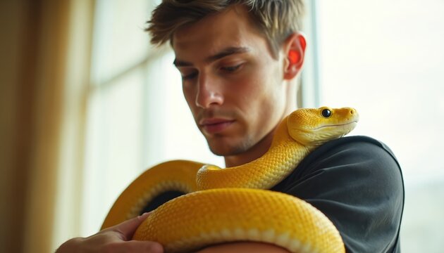 Man holds bright yellow python snake on his shoulder indoors. Reptile coils around person, animal keeper with pet, herpetology hobby. Exotic wildlife friendship.