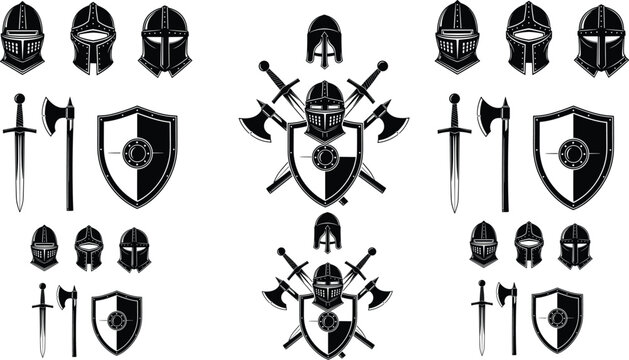 Medieval Armor Icon Set Featuring Helmets, Shields, Swords, and Axes for Battle, Knights, and Fantasy Illustrations