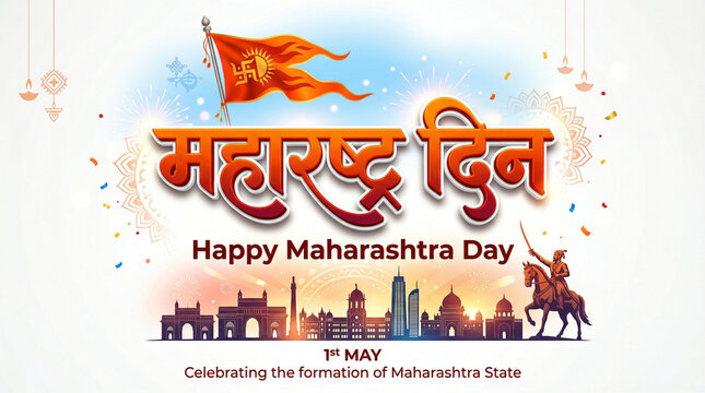 Maharashtra Day Celebration Vector Illustration with Chhatrapati Shivaji Maharaj Statue, Bhagwa Flag, and Mumbai Skyline for 1st May Greeting
