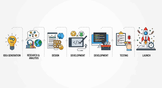 Startup Project Development Stages: Idea, Research, Design, Development, Test, Launch