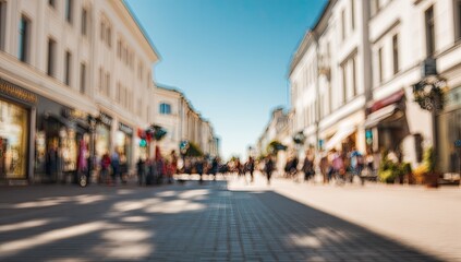 Naklejka premium Blurred perspective of a bustling city street with shops and pedestrians under a bright sky