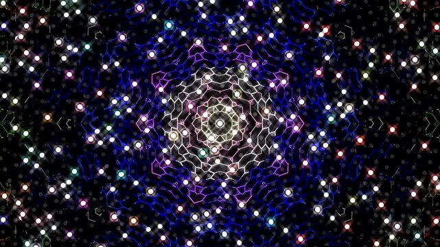 Symmetrical kaleidoscope motif with blue diamond shapes forming a glowing geometric pattern on a black background.	