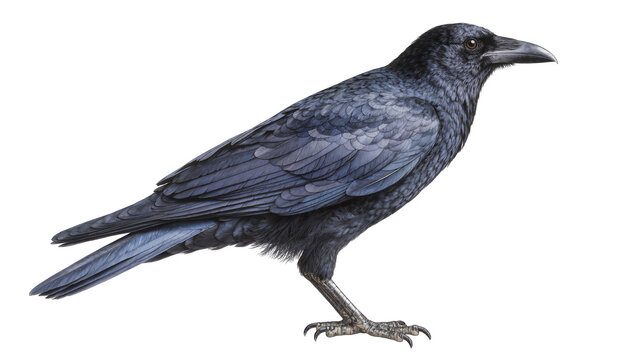 Black Crow Standing Profile View with Dark Feathers and Sharp Beak