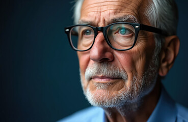 Obraz premium Elderly man with glasses looks thoughtfully into distance. Senior wears blue shirt, gray hair, beard. Professional portrait captures wisdom, intellect, quiet contemplation. Serene background