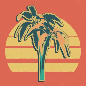 Retro synthwave palm tree on vibrant sunset background with grainy vintage texture loop