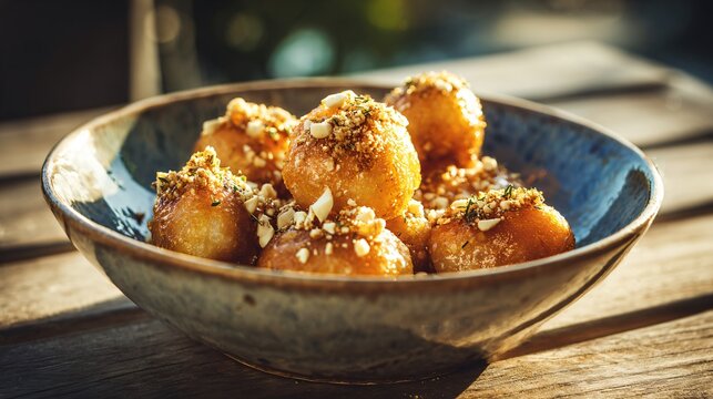 A bowl of freshly fried loukoumades with perfectly round golden-brown exteriors and airy honeycomb interiors, drizzled generously with warm thyme-infused honey and sprinkled with crushed walnuts