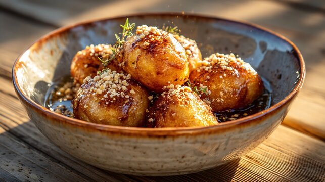 A bowl of freshly fried loukoumades with perfectly round golden-brown exteriors and airy honeycomb interiors, drizzled generously with warm thyme-infused honey and sprinkled with crushed walnuts