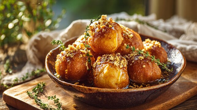 A bowl of freshly fried loukoumades with perfectly round golden-brown exteriors and airy honeycomb interiors, drizzled generously with warm thyme-infused honey and sprinkled with crushed walnuts