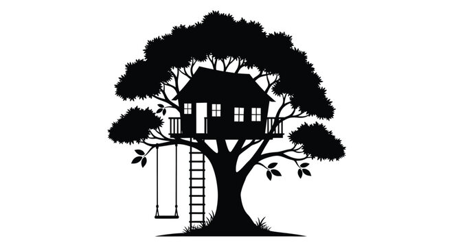 Charming treehouse nestled within lush foliage a striking silhouette