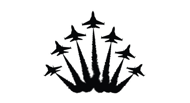 Formation of fighter jets leaving vapor trails a striking silhouette