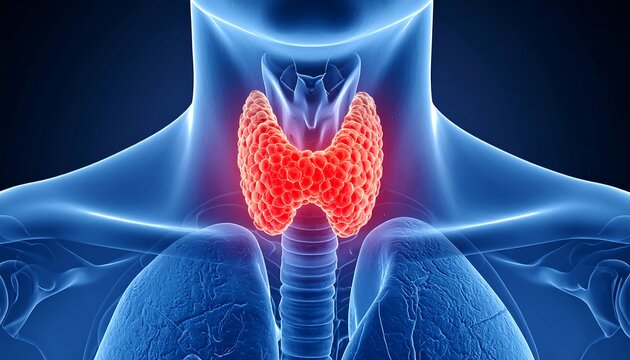 Medical Illustration of the Human Thyroid Gland in the Neck.