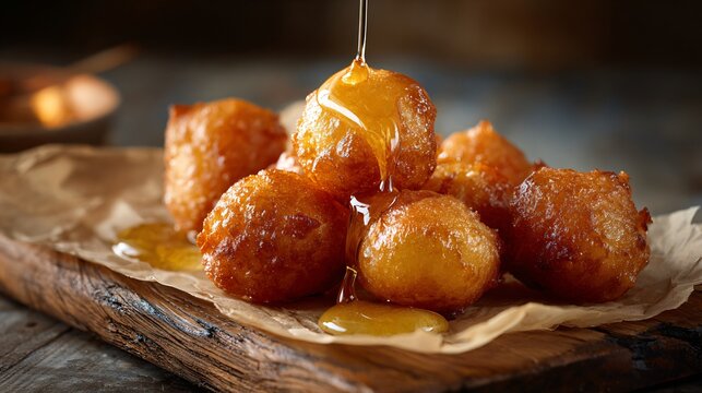 A batch of loukoumades fried to deep golden perfection bubbling in hot oil, captured mid-drizzle with thick Greek honey cascading over the crisp dough balls