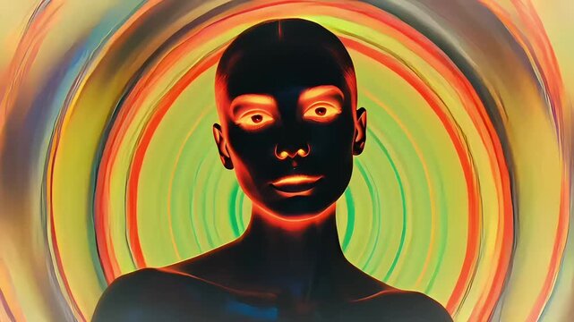 3d female face illuminated with orange light dancing over colorful explosion of psychedelic lights 